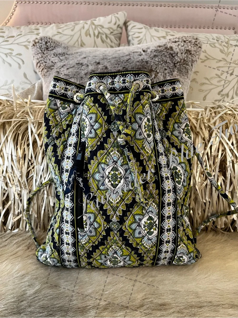 Vintage VERA BRADLEY Cambridge 2007 Drawstring Zipper Front Backpack Y2K Green